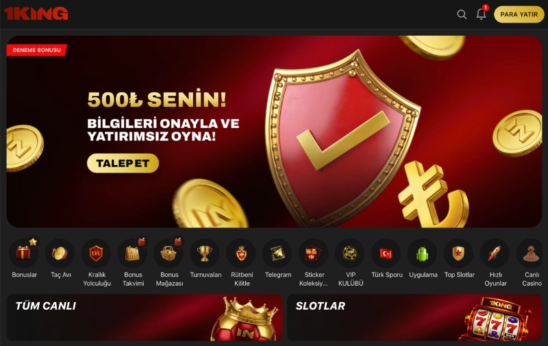 1King ana ekranındaki Telegram simgesi ve bonus kategori ikonları sırası