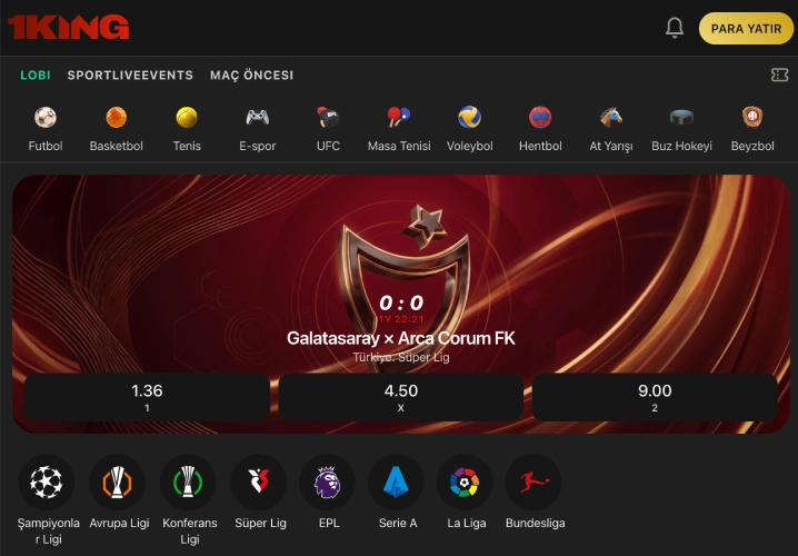 1King Casino sports betting lobby showing Süper Lig match odds